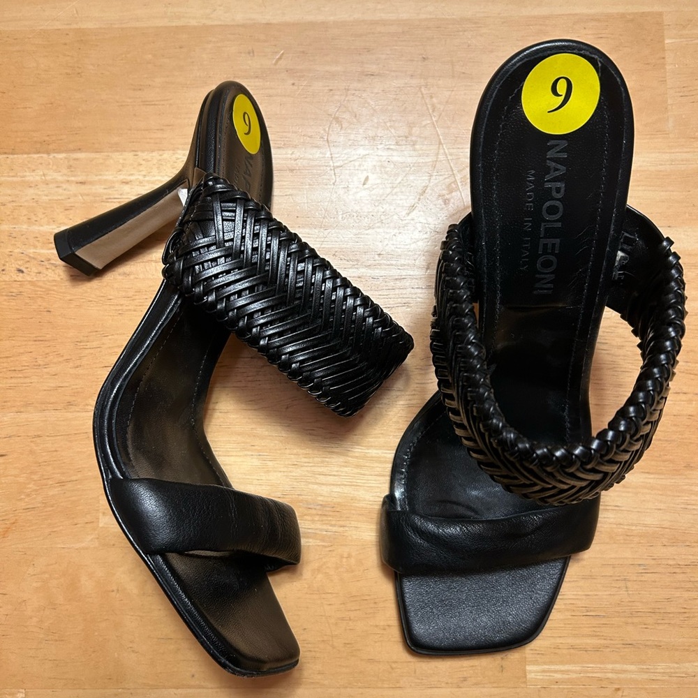 Napoleoni Italian Made Braided Strap Black Square Toe Heeled Sandals